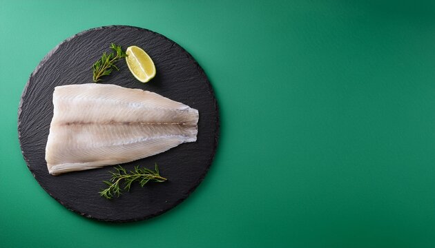 fresh halibut on a slate plate on green background top view