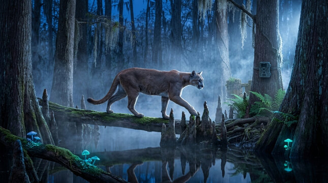 A large brown panther walks across a mossy log in a misty forest with blue mushrooms and a camera trap