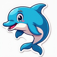 Naklejka premium Cute cartoon dolphin illustration for kids. Blue marine mammal smiles, swims underwater. Aquatic animal sticker, ocean life theme. Perfect for children books games.