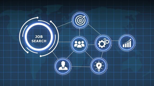 Conceptual infographic diagram illustrating job search with interconnected icons representing goals, people, processes, ideas, and growth against a digital world map background with a grid overlay