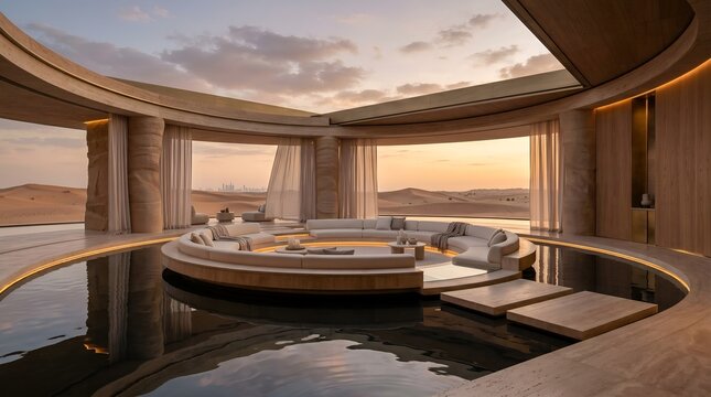 Luxury spa resort interior with a circular pool and seating area overlooking a serene landscape at sunset