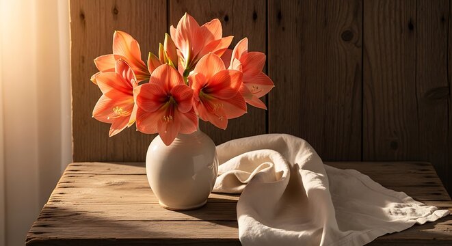 A vibrant bouquet of fresh amarylis flowers arranged in a simple white ceramic vase placed on a rustic wooden table under soft natural morning sunlight