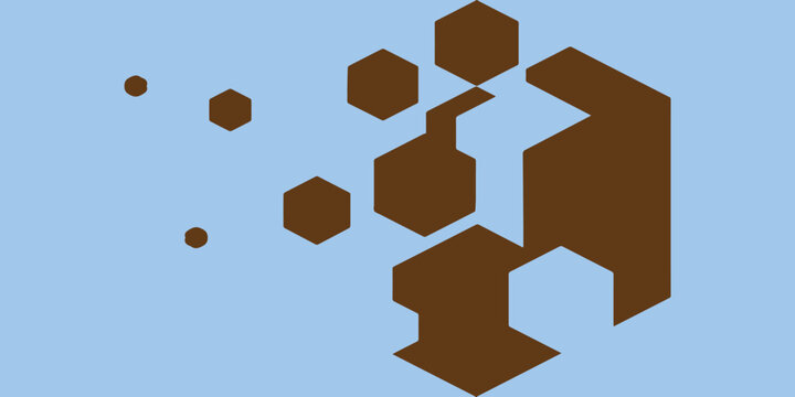 Abstract vector illustration of a 3d bee hovering over a blue geometric background featuring hexagon patterns and digital cubes for a modern business design concept