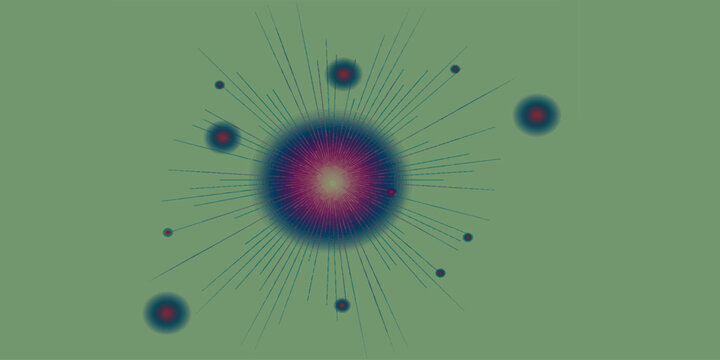 Bright abstract fractal background featuring colorful glowing circles and a green blue pattern illustration with energy rays and a light motion texture design