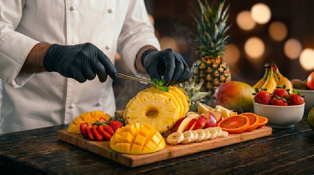 Tangan Chef Profesional Menghias Piring Buah Segar Penuh Warna dengan Presisi, Ideal untuk Menu Restoran, Perhotelan, dan Kampanye Kesehatan.