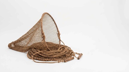 Obraz premium Golden fishing net with wooden handle on white background