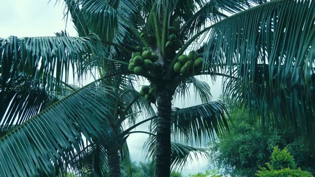 Dozens of massive green coconuts are growing on a tall palm tree waiting for the harvest
