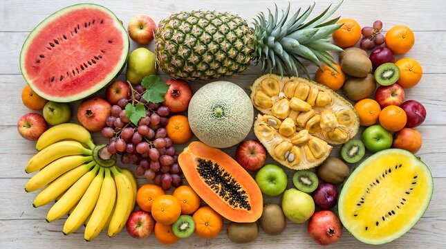 Aneka Buah Segar Tropis dan Musiman Berlimpah Flat Lay, Ideal untuk Promosi Gaya Hidup Sehat, Kampanye Nutrisi, dan Kesejahteraan.