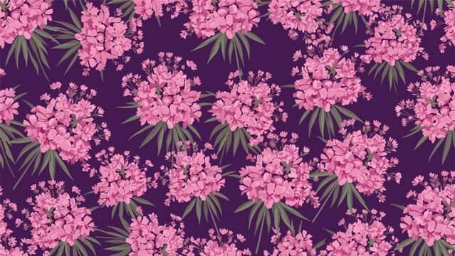 Vibrant seamless pattern filled with abundant clusters of bright pink oleander flowers and lush green leaves, creating a dense, rich, and eye-catching floral background.