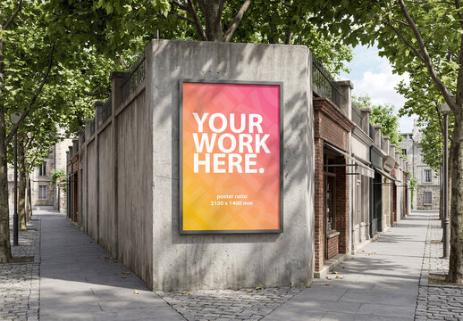 Vertical billboard poster Mockup on a concrete wall on the street