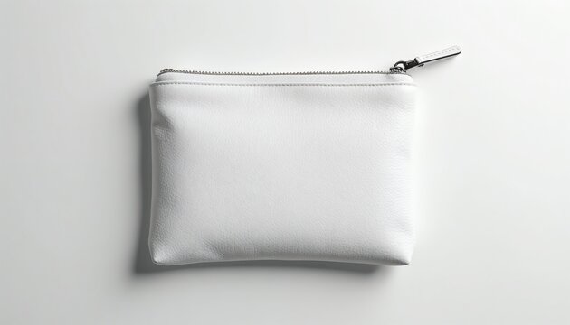 White leather pouch with metal zip detail. Small rectangular bag holds personal items. Modern clean design for makeup or coins, travel, everyday carry.