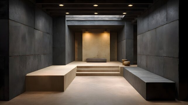 A sophisticated minimalist interior architectural space featuring raw concrete elements and neutral tones