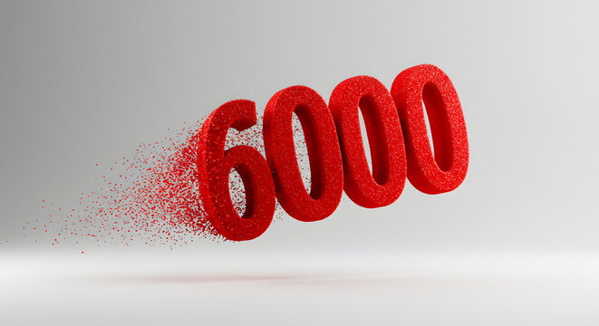 Abstract 3D render of the number 6000 disintegrating into particles on a white background