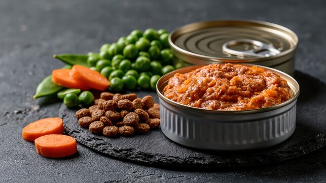 Two opened silver cans of pet food with a small pile of dry kibble and fresh vegetables