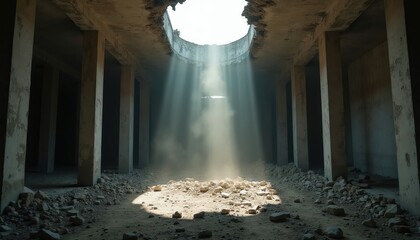 Fototapeta premium Sunlight streams through hole in damaged old building ceiling. Dust floats in air within dark abandoned interior. Broken debris lit by light beam.