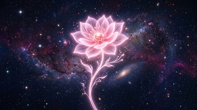 Floating shinning celestial flower glowing with bioluminescence in space