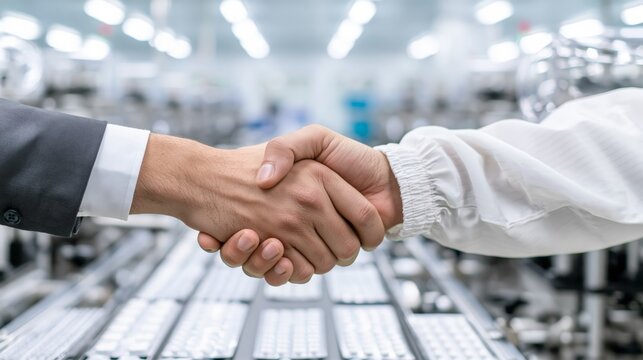 A pharmaceutical manufacturing deal handshake, with tablet pressing machines producing blister strips in a cleanroom behind.
