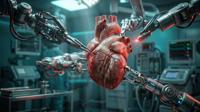 Robotic Heart Surgery: Advanced robotic arms meticulously perform a delicate operation on a human heart in a futuristic operating room.