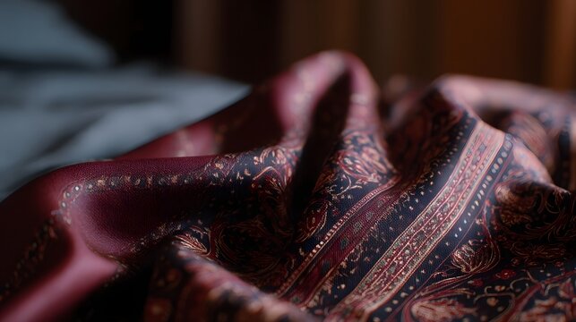 Luxurious burgundy and gold draped fabric featuring intricate ornate textile patterns emphasizing deep texture and rich elegance