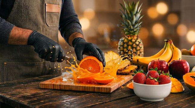 Chef memotong jeruk disekitar buah lainnya, seperti nanas, stroberi, pisang, apel di atas meja papan dengan Percikan air jeruk yang Dinamis Menangkap Gaya Hidup Sehat dan untuk Kampanye Iklan buah.