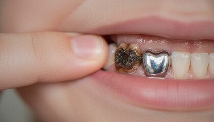 A close-up view of a child showing a decayed tooth next to a stainless steel dental crown on their upper jaw. © Varos