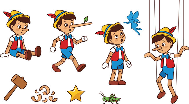 Classic Pinocchio Fairytale Vector Set Featuring Wooden Puppet Character with Growing Nose, Blue Fairy, Cricket, Marionette Strings, and Carpenter Tools for Childrens Storytelling