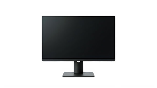 Sleek black computer monitor screen for technology and office workplace branding frontal isolated png on a transparent background perfectly cutout high resolution
