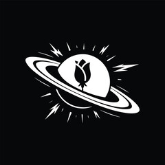 Minimalist planet saturn logo with rose flower and sunburst rays. © AbidGfx