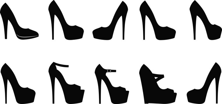 Black silhouette high heel shoe collection featuring ten unique designs minimalistic fashion illustration representing footwear elegance style accessories and branding