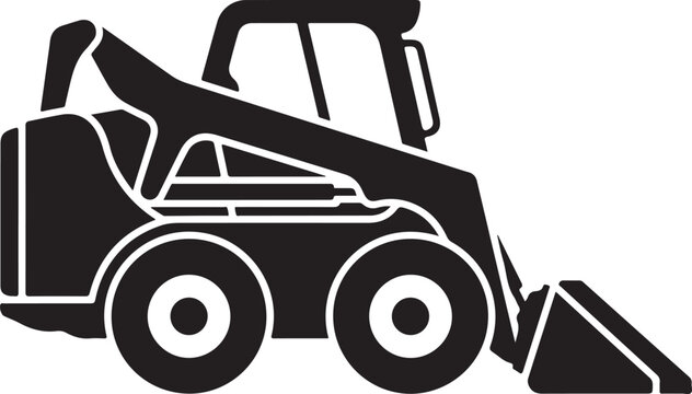 Black and white skid steer loader icon, heavy equipment symbol, construction vehicle silhouette, industrial tractor graphic