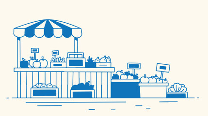 Fototapeta premium Minimalist blue line art illustration of fresh fruit stand stall at local farmers market.