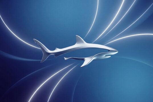 Sleek silver shark silhouette gliding through abstract deep blue gradient