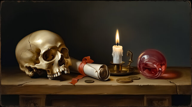 Still Life with Skull, Candle, and Scroll on Wooden Table