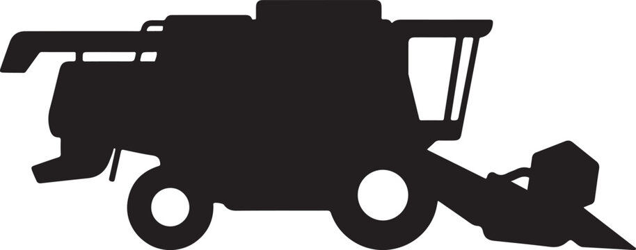 Black silhouette combine harvester, farming equipment icon, agricultural machinery, vector graphic