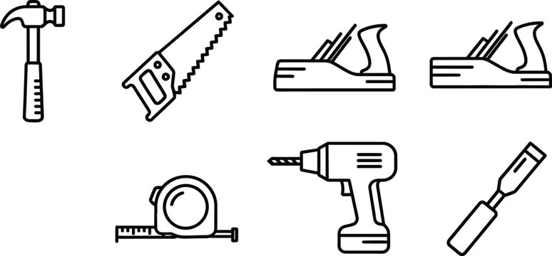 Line of various carpentry tools, including hammer, saw, planes, drill, tape measure, and screwdriver