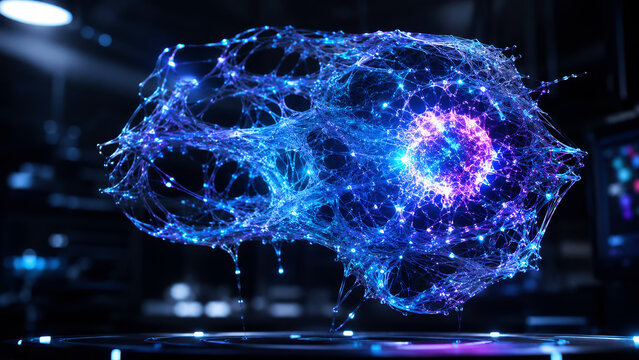 abstract neural network hologram with glowing anomaly detection in dark laboratory