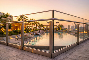 Naklejka premium Minimalist glass balcony barrier with metal supports overlooking a blurred city pool at sunset