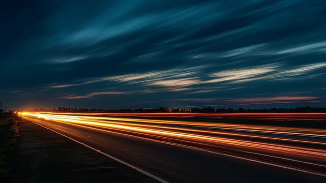 Night traffic on highway in busy American city, cars in motion at sunset, red yellow and blue sky, urban downtown view, website header background
