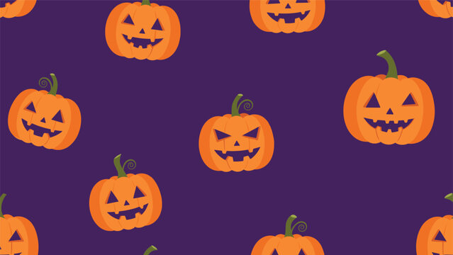 Dynamic seamless Halloween pattern featuring various expressive jack-o'-lantern pumpkins with different spooky and grinning faces, scattered across a vibrant dark purple background.