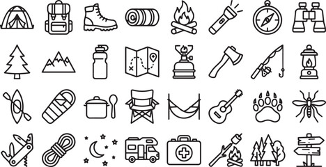 Naklejka premium Camping And Outdoor Adventure Outline Icon Set With Hiking Survival And Nature Exploration Elements