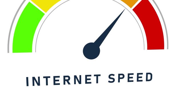 Internet speed indicator gauge showing a moderate to speed with a needle in the yellow to green section against a white backdrop Keywords: internet speed, gauge, meter, indicator, dial