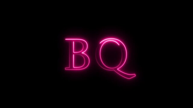 Neon pink letters BQ flickering on black background with glowing light effect and elegant serif typography