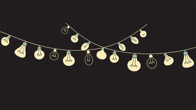 Atmospheric illustration of two strings of vintage-style light bulbs, emitting a warm glow and hanging gracefully against a dark, contrasting background, perfect for ambient designs.