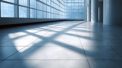 Fototapeta premium Strong geometric shadows cast across a polished indoor floor by natural light streaming through large modern