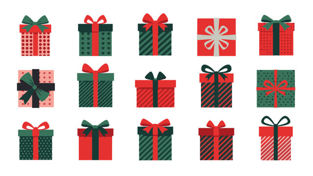 Diverse and festive collection of Christmas gift boxes, adorned with various patterns, stripes, and bows in traditional red and green colors, perfect for holiday celebrations.