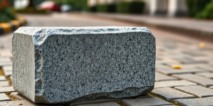 Rough-hewn granite block resting on a paved surface