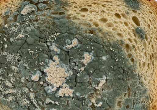 Extreme close up of decaying white bread covered with thick patches of blue green mold and fuzzy white fungi growth due to contamination ,white ,inedible ,gross
