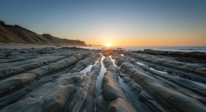 Geological formations of cemented beach sediment forming a rugged, stratified platform in the coastal intertidal zone ,stone ,tide ,stratification