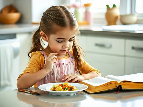 A young girl eating a healthy meal.