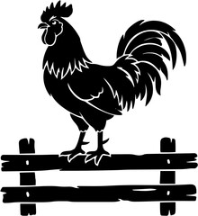 Black rooster silhouette on farm fence over plain white background © dean